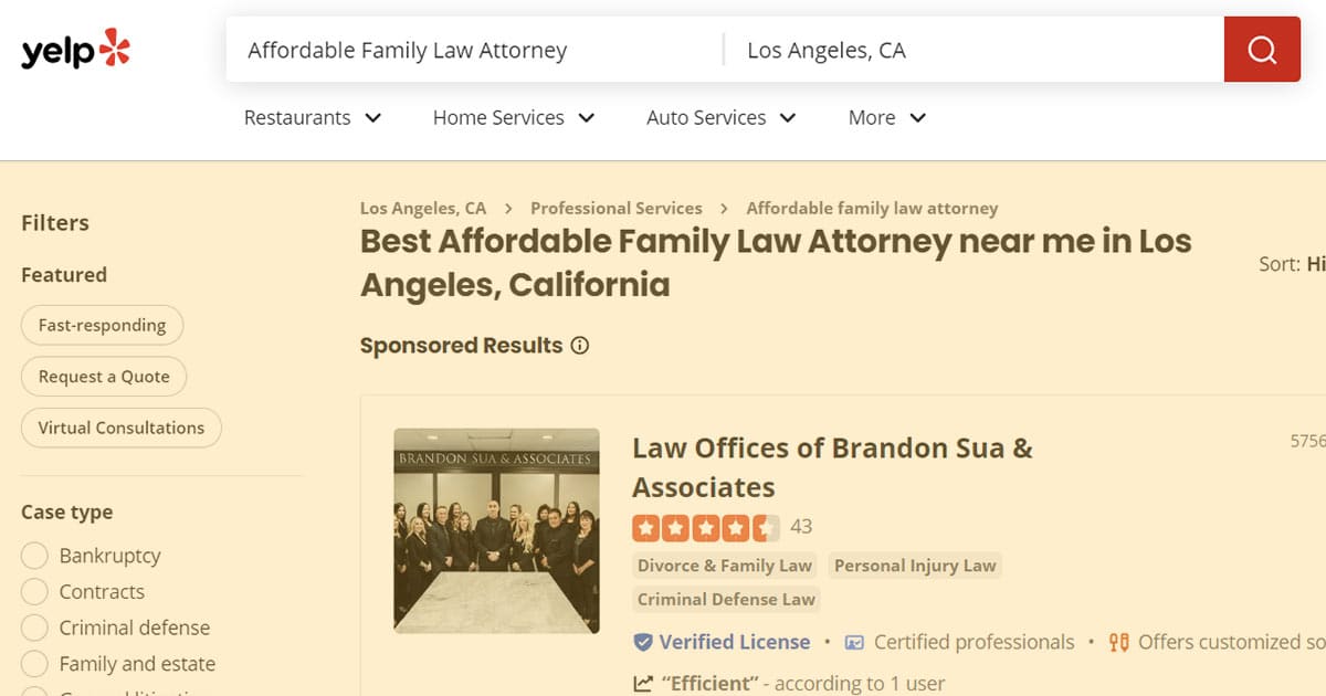 Yelp best affordable family law attorney near me in Los Angeles, California